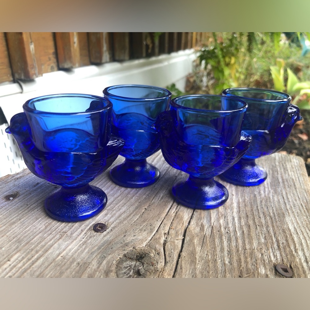4 Vintage Cobalt Blue Glass Egg Cups Chicken Shape Made in France EUC